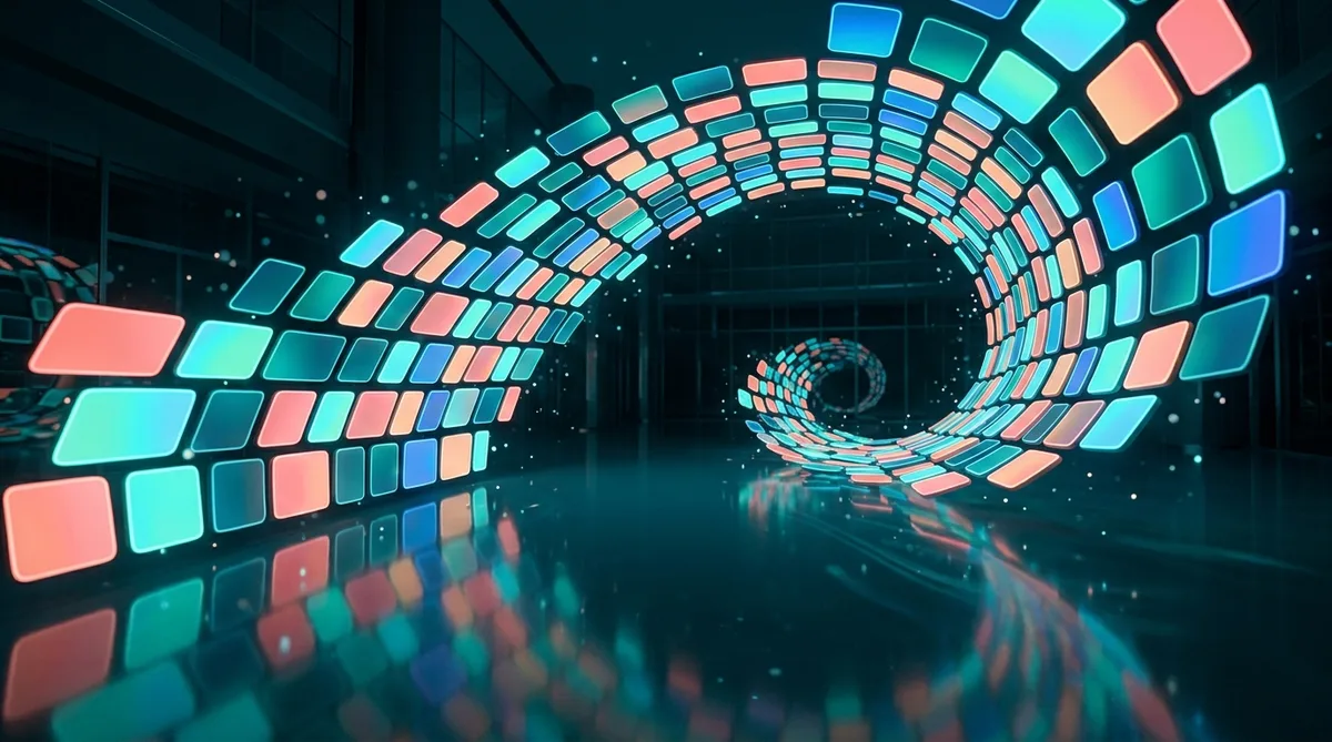 A sweeping arc of glowing game tiles as abstract colorful rectangles receding in petrol-dark space